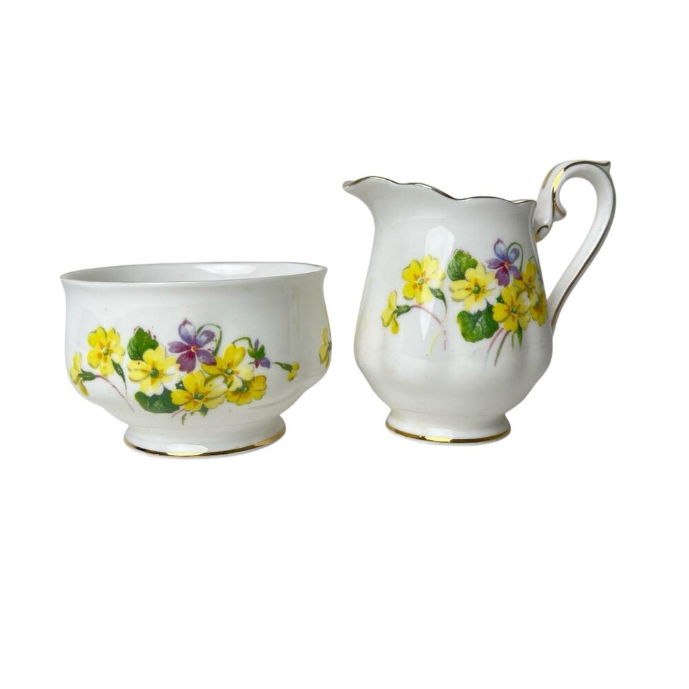 Royal Albert Creamer Sugar Set Bone China England Open Yellow Purple Flowers Vtg